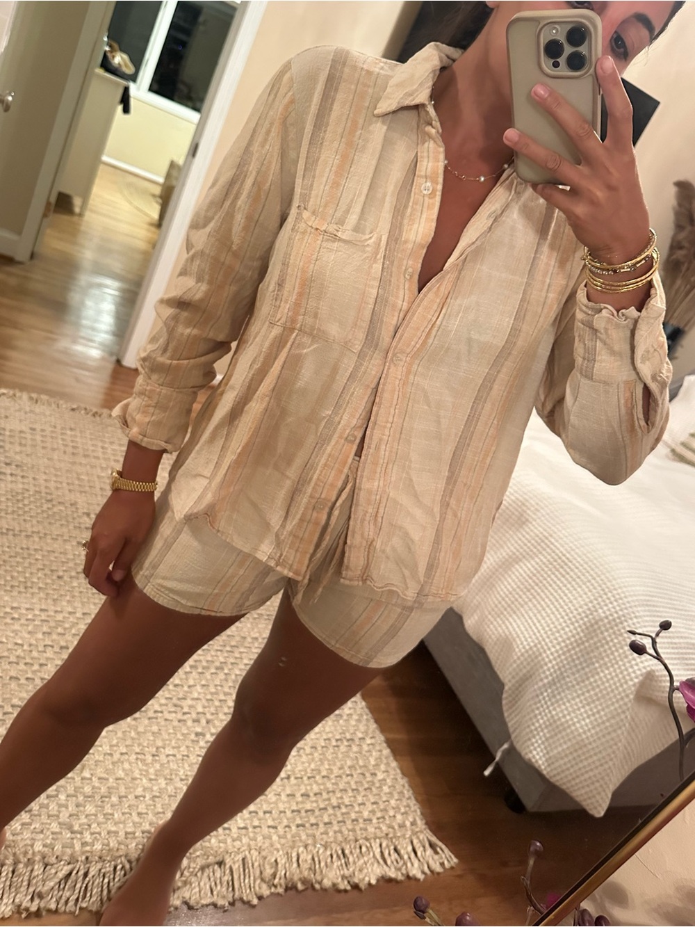 H&M Light Stripe Linen-Blend Button Shirt & Shorts Set - Beige